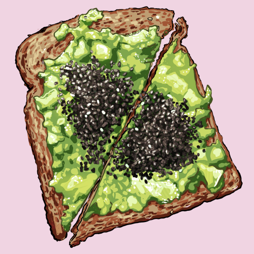 digital drawing of smashed avocado atop wholemeal bread with chia seeds