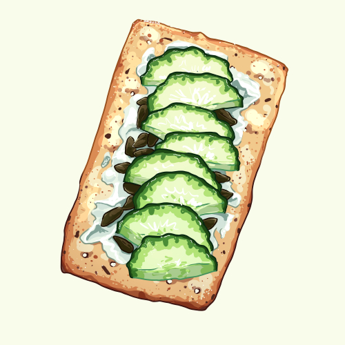 digital drawing of chopped cucumber atop a salted cracker with vegan mayonaise