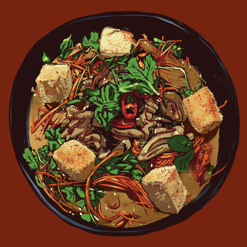 vegan kare buruso ramen bowl with noodles, mushroom, tofu