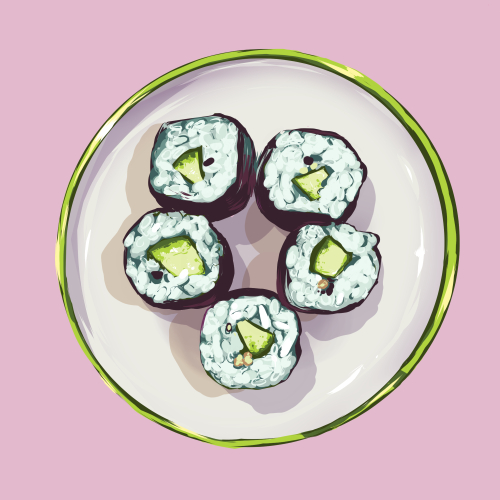 digital drawing of cucumber maki rolls with sushi chopsticks